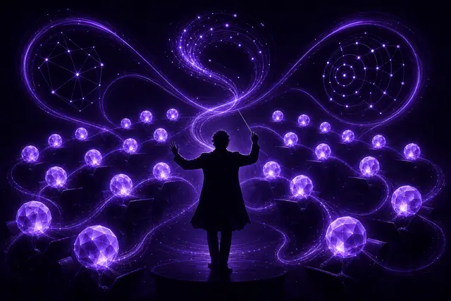 A human conductor directing an orchestra of glowing violet agent orbs on deep ink-purple