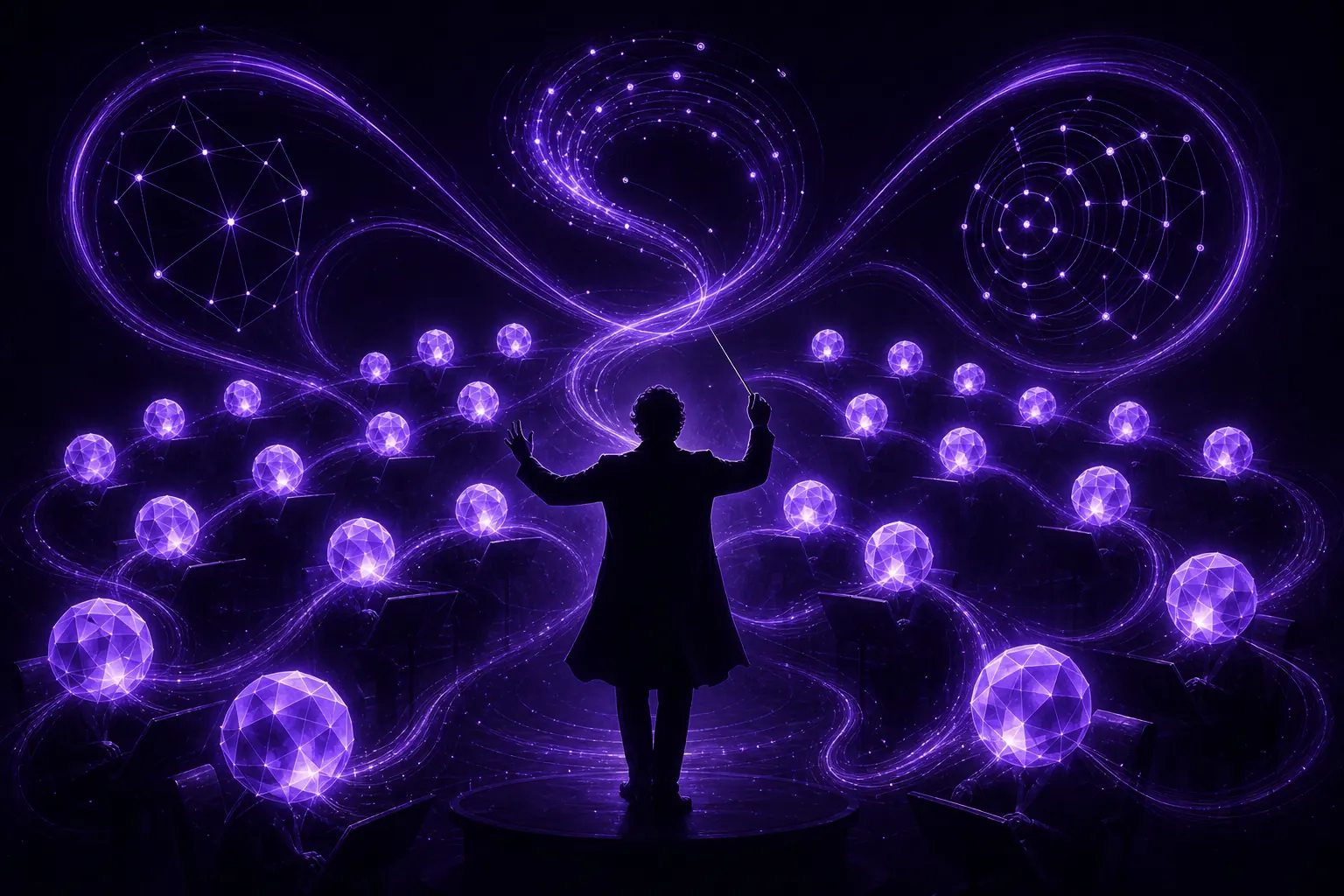 A human conductor directing an orchestra of glowing violet agent orbs on deep ink-purple