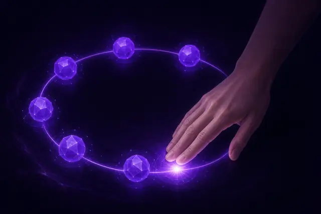 A human hand completing a glowing loop of violet agent orbs, symbolising a human checkpoint
