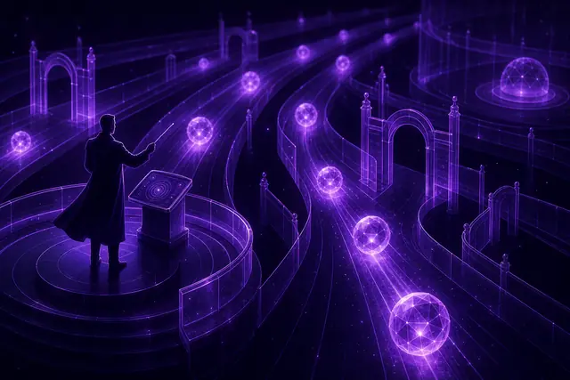 Violet agent orbs travelling along lit lanes with translucent guardrails, overseen from a conductor's podium