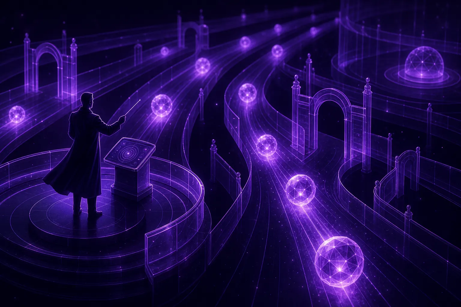 Violet agent orbs travelling along lit lanes with translucent guardrails, overseen from a conductor's podium