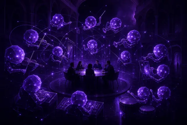 A small human team at a round table encircled by a constellation of glowing violet agent orbs