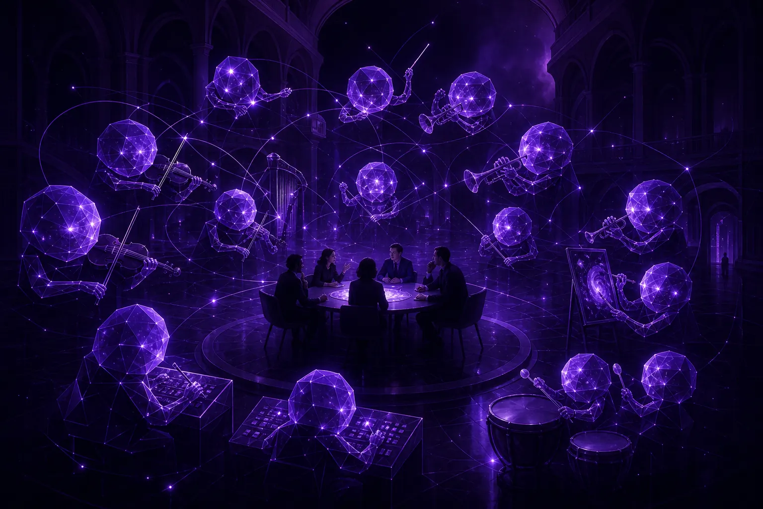 A small human team at a round table encircled by a constellation of glowing violet agent orbs