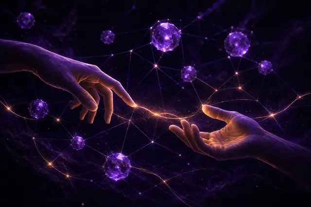 Two hands nearly touching, linked by a warm thread of light through a lattice of violet agent orbs