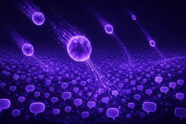 Violet agent orbs diving into a sea of blank glowing speech bubbles and pulling up threads of signal