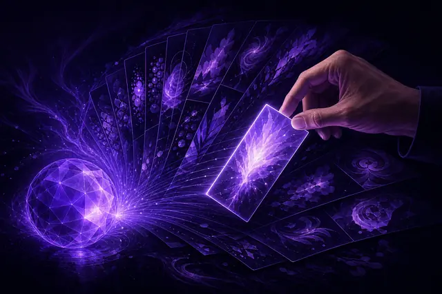 An agent orb fanning out many abstract creative cards while a human hand picks a single glowing one