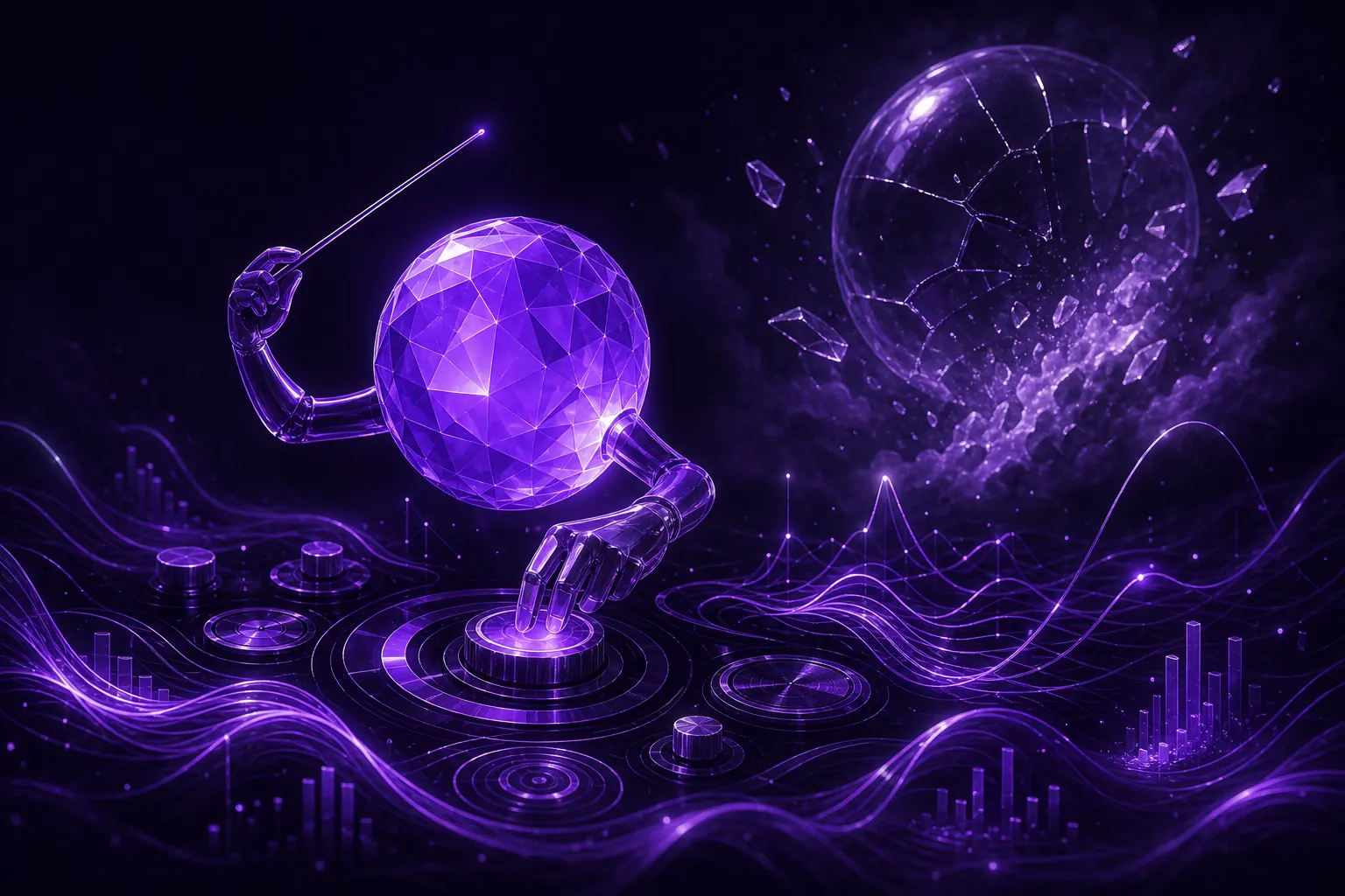 An agent orb tuning glowing dials and waveforms while a hollow bubble cracks in the background