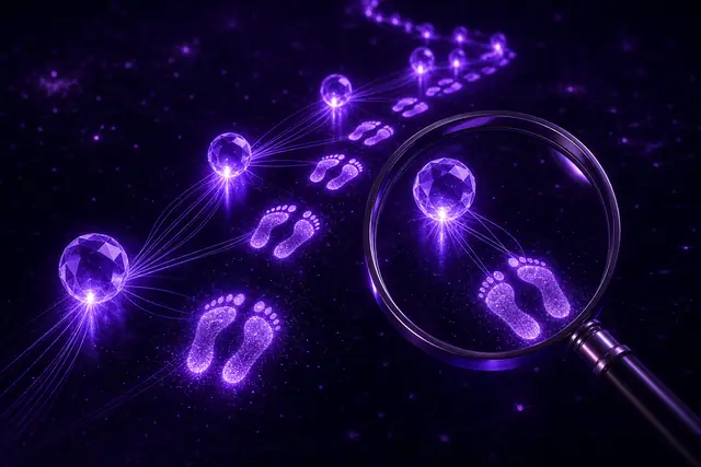 A trail of glowing footprints left by violet agent orbs, each linked to its source, under a magnifying lens