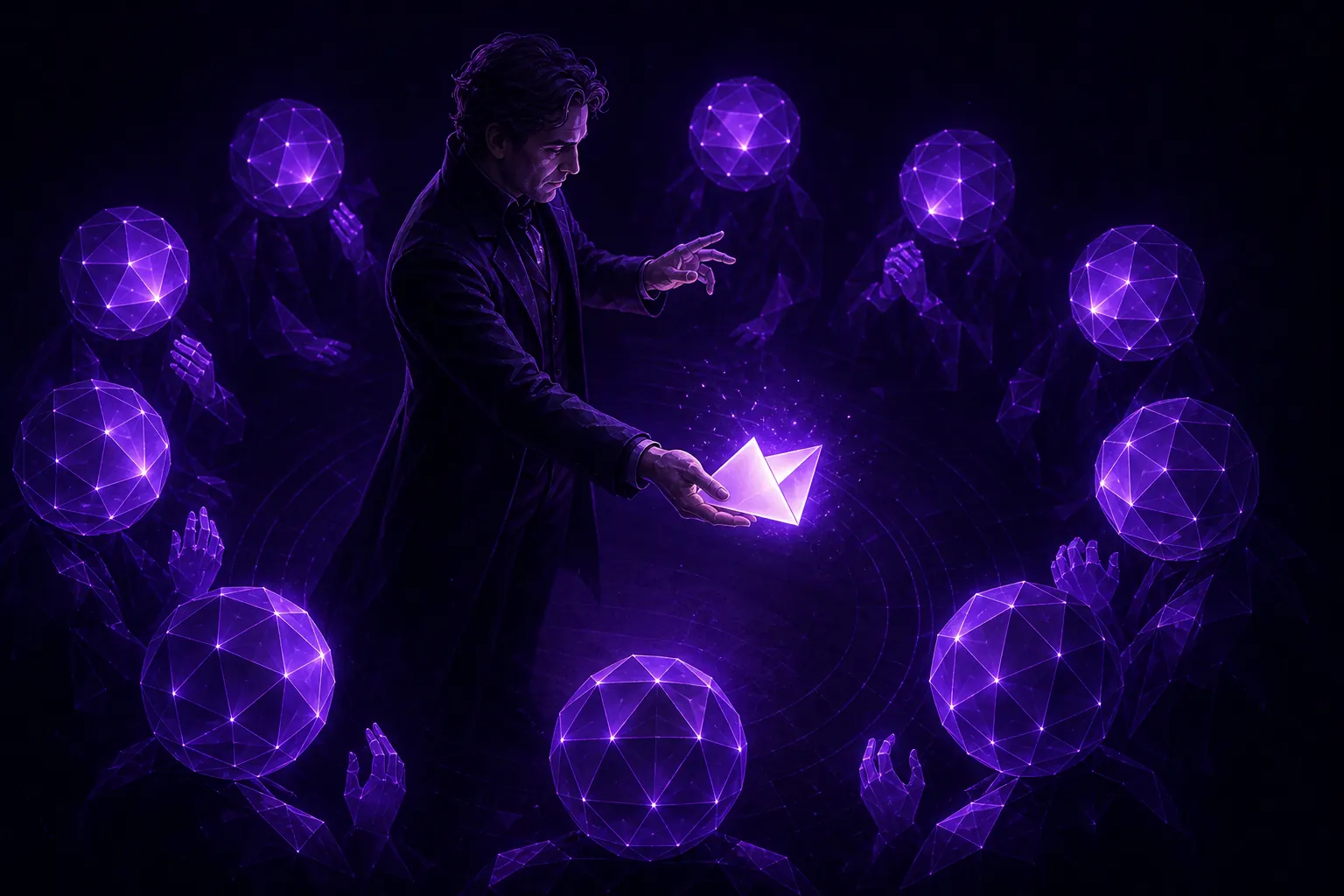 A strategist handing a glowing blank folded shape to a circle of attentive violet agent orbs
